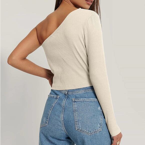 NWOT Cream One Shoulder Asymmetrical Long Sleeve Rib knit Top size Medium - Picture 4 of 7